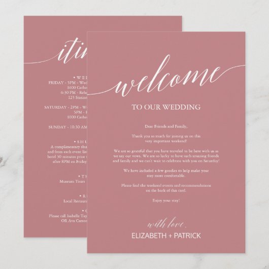 Elegant Dusty Roos Welkomstbrief & reisroute (Voorkant / Achterkant)
