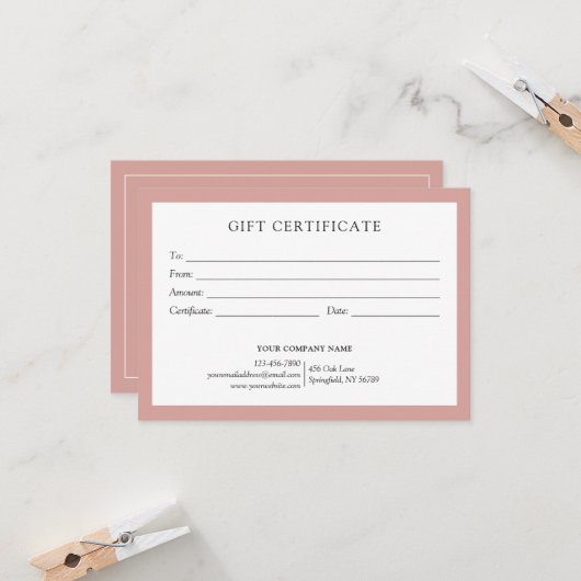 Elegant Dusty Rose Business Gift Certificate Logo (Voorkant / Achterkant in situ)