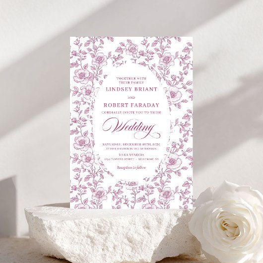 Elegant Dusty Rose Floral Toile Wedding Invitation Kaart