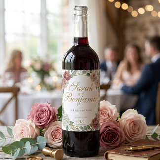 Elegant Dusty Rose Geometric Floral Watercolor  Wijn Etiket