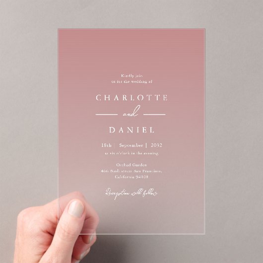 Elegant Dusty Rose Gradient Acrylic Wedding Acryl Uitnodigingen (Insitu (Draagbaar))