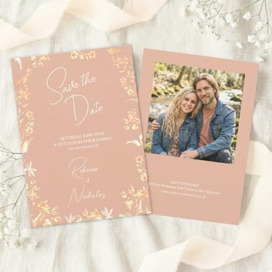 Elegant Dusty Rose Ivory Script Wildflowers Photo Save The Date