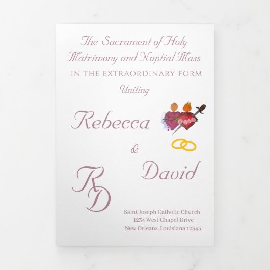 Elegant Dusty Rose Two Hearts Catholic Wedding Drieluik Programma (Cover)