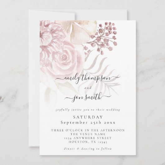 Elegant Dusty Roze Bloemen Script Wedding Kaart (Voorkant)
