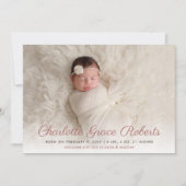 Elegant Dusty Roze Script Baby Meisje Foto Geboort Aankondiging (Voorkant)