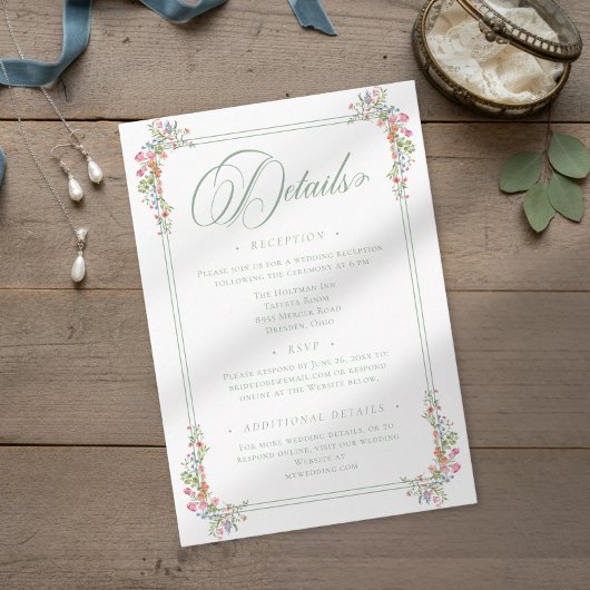 Elegant Dusty Sage Pastel Wildflower Crest Wedding Informatiekaartje
