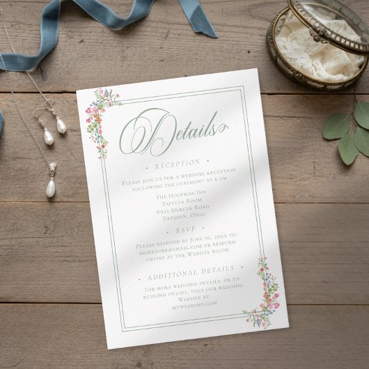 Elegant Dusty Sage Pastel Wildflower Crest Wedding Informatiekaartje
