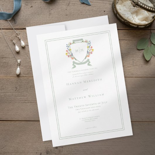 Elegant Dusty Sage Pastel Wildflower Crest Wedding Kaart