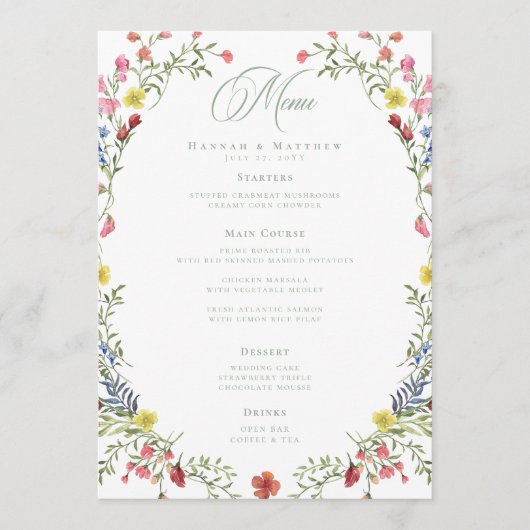 Elegant Dusty Sage Pastel Wildflower Crest Wedding Menu (Voorkant)