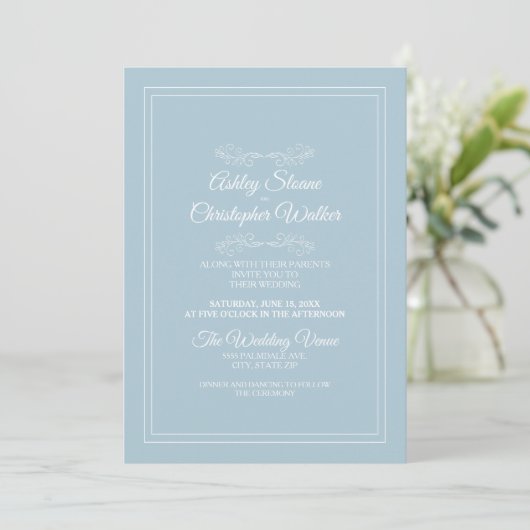 Elegant Dusty Sky Blue White QR code Wedding Kaart (Staand voorkant)