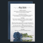 Elegant Dusty Steel Blue Roos Budget Wedding Menu<br><div class="desc">Deze mooie trouwmenu's zijn eenvoudig, elegant en stijlvol, maar zijn nog steeds budgetvriendelijk en betaalbaar. Ze hebben een stijlvol en glamoureus ontwerp met een scriptkalligrafie en één dusty stalen blauw roos dat in een pool met golven en rimpels reflecteert. De achterkant is een mooie, gemarmerde stalen blauwe grijze kleur met...</div>