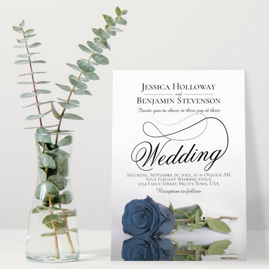 Elegant Dusty Steel Blue Roos Fancy Script Wedding Kaart