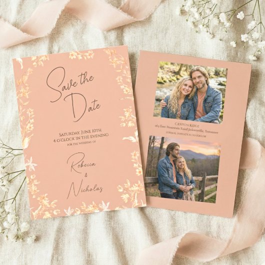 Elegant Dusty Terracotta Copper Wildflower 2 Photo Save The Date