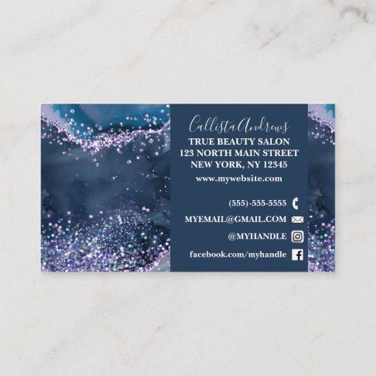 Elegant Earth Blue Agate Glitter Marble Waterverf Visitekaartje (Achterkant)