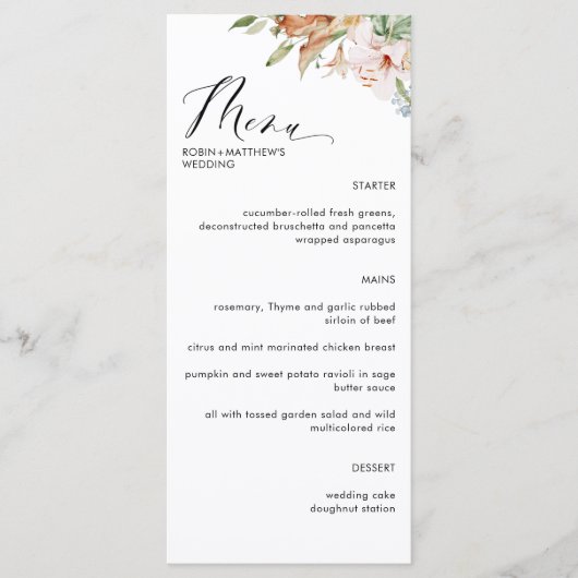 Elegant Earthy Blooms en Sage Green Wedding Menu (Voorkant)