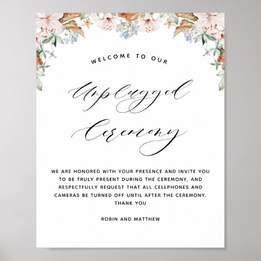 Elegant Earthy Blooms, Unplugged Ceremony Sign Poster (Voorkant)