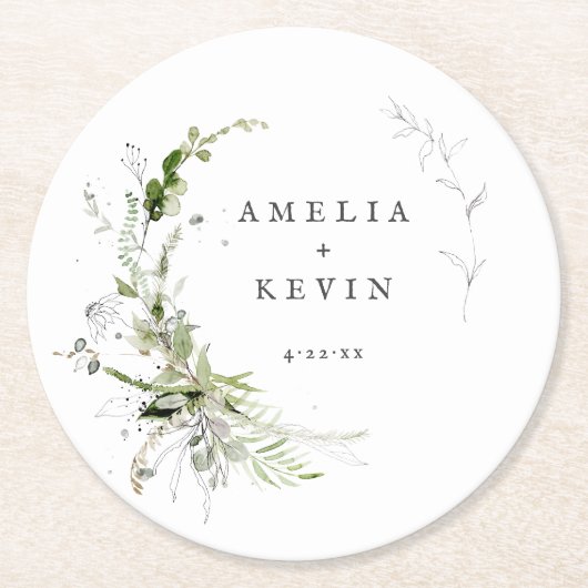 Elegant Earthy Greenery Personalized Names Date Pa Ronde Kartonnen Onderzetter (Voorkant)