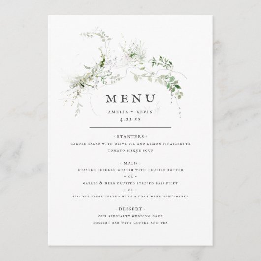 Elegant Earthy Greenery Waterverf Wedding Menu (Voorkant)