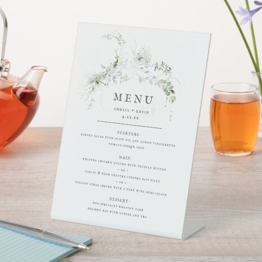 Elegant Earthy Greenery Waterverf Wedding Menu Reclamebord Met Voetstuk (Insitu)