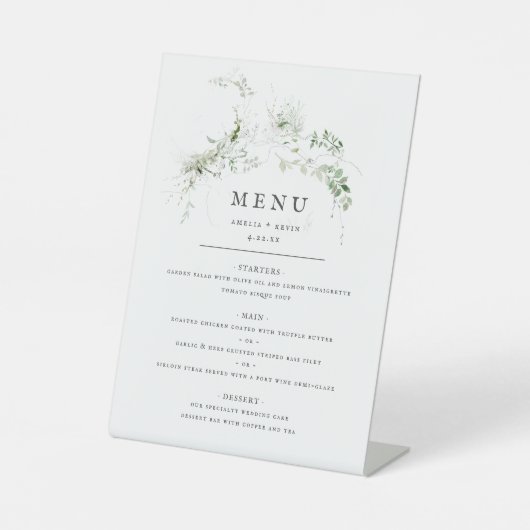 Elegant Earthy Greenery Waterverf Wedding Menu Reclamebord Met Voetstuk (Voorkant)