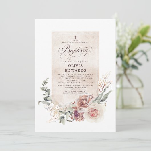 Elegant Earthy Shades Floral Natural Baptisme Kaart (Staand voorkant)