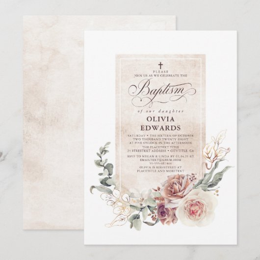 Elegant Earthy Shades Floral Natural Baptisme Kaart (Voorkant / Achterkant)