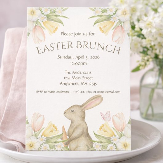 Elegant Easter Brunch Invitation | Bunny & Tulips Feestdagenkaart