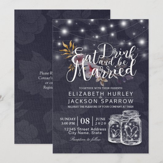 Elegant EAT-Drink en huwelijkshuwelijk Kaart (Voorkant / Achterkant)