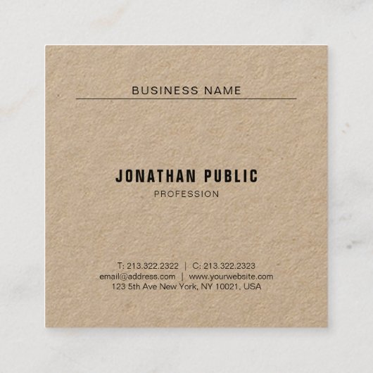 Elegant Echt Kraft Papier Eenvoudig Modern Minimal Vierkante Visitekaartje (Achterkant)