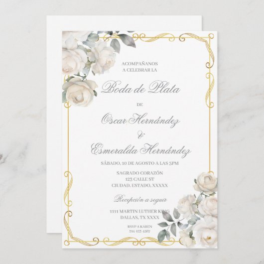 Elegant editabele zilveren bruiloft kaart (Voorkant / Achterkant)