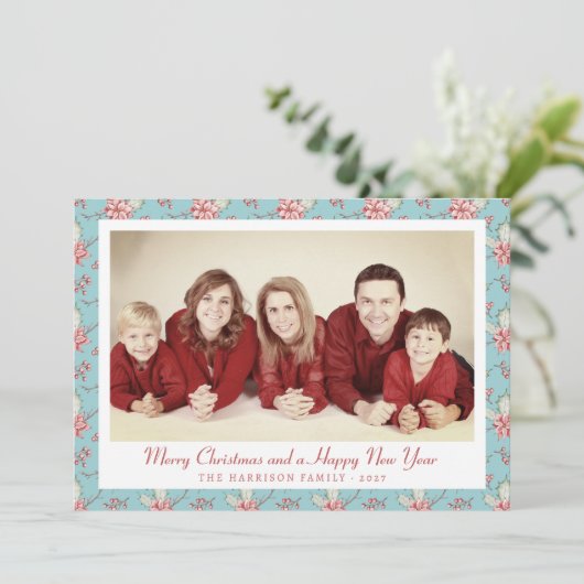 Elegant Eend Ei Blauwe Holly Foto Feestdagenkaart (Staand voorkant)