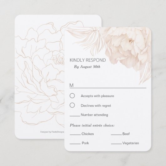 Elegant eenvoudig beige Peony-RSVP met keuze uit m RSVP Kaartje (Voorkant / Achterkant)