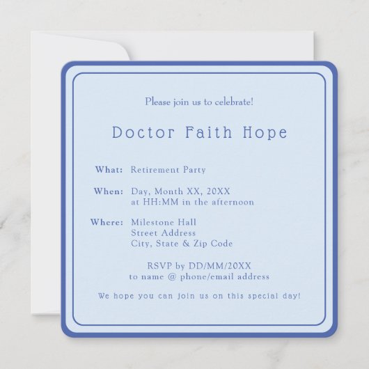 Elegant Eenvoudig Blauw Dokter Pensioen Partij Kaart (Voorkant)