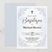 Elegant eenvoudig blauw katholiek doopkruis kaart (Voorkant / Achterkant)