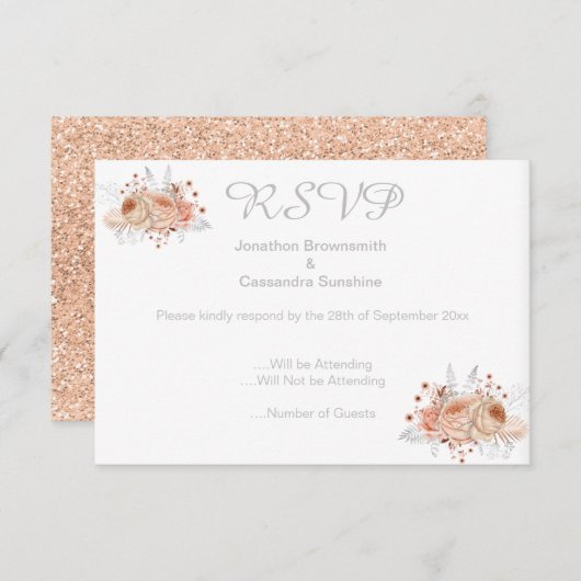 ELEGANT EENVOUDIG BLOEMEN ABRIKOOS GLITTER RSVP KAART (Voorkant / Achterkant)