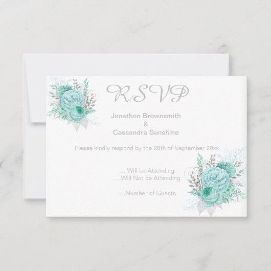 ELEGANT EENVOUDIG BLOEMMOTIEF AQUA GLITTER RSVP KAART (Voorkant)