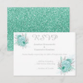 ELEGANT EENVOUDIG BLOEMMOTIEF AQUA GLITTER RSVP KAART (Voorkant / Achterkant)