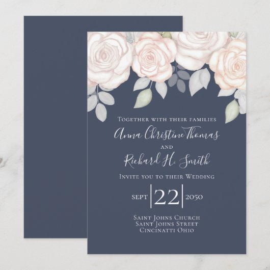 Elegant Eenvoudig Blush Roze Bloemen Navy Blauw Bl Kaart (Voorkant / Achterkant)