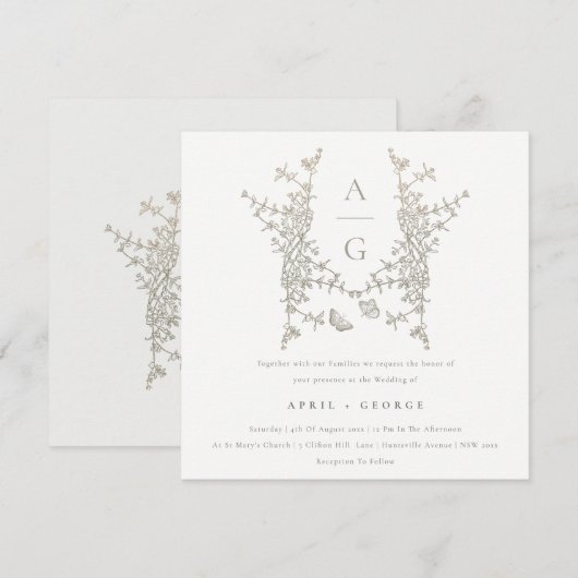 Elegant Eenvoudig Botanisch Wapen Monogram Huwelij Kaart (Voorkant / Achterkant)