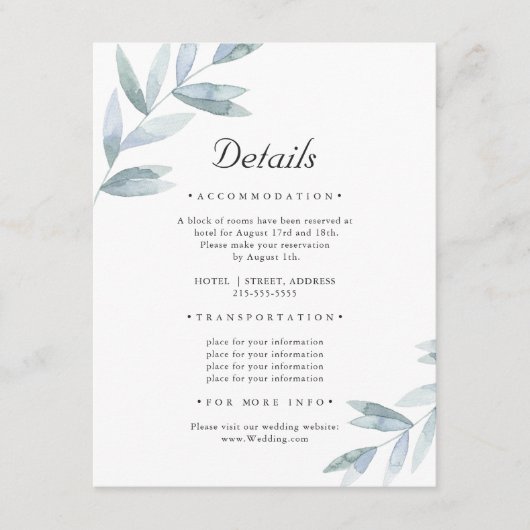 Elegant Eenvoudig gebladerte. Botanische bruiloft Informatiekaartje (Voorkant)