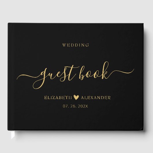 Elegant Eenvoudig Goud Script Zwart Bruiloft Gastenboek (Voorkant)