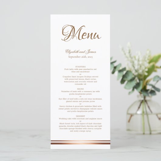 Elegant Eenvoudig Gouden Print Trouwmenu Menu (Staand voorkant)