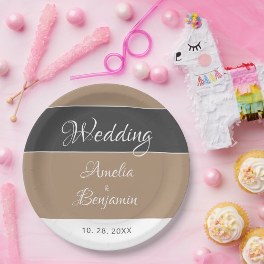 Elegant Eenvoudig Grijs Beige Script Bruiloft Papieren Bordje (Feest)