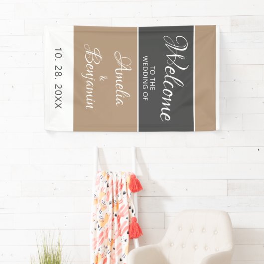 Elegant Eenvoudig Grijs Beige Script Bruiloft Welk Spandoek (Insitu)