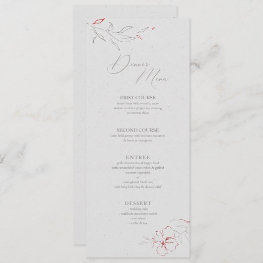 Elegant eenvoudig grijs en rode bloemen Menu (Voorkant / Achterkant)