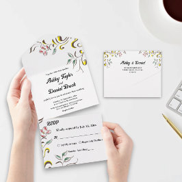 Elegant eenvoudig groen Roos Boho bloemenbruiloft All In One Uitnodiging