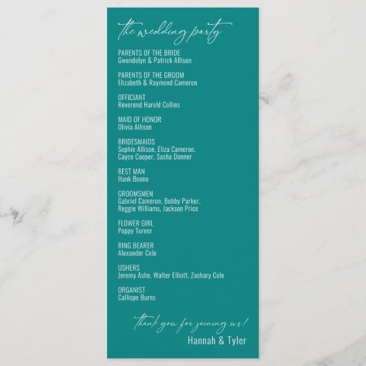 Elegant, eenvoudig, hedendaags Blauwgroen Typograf Programmakaart (Achterkant)