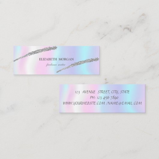 Elegant eenvoudig, holografisch, zilver glitter-li mini visitekaartje (Voorkant / Achterkant)