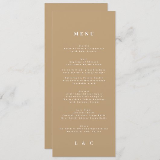 Elegant Eenvoudig Kraft Monogram Bruiloft Menu (Voorkant / Achterkant)
