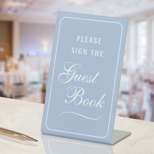 Elegant eenvoudig lichtblauw gastenboek reclamebord met voetstuk